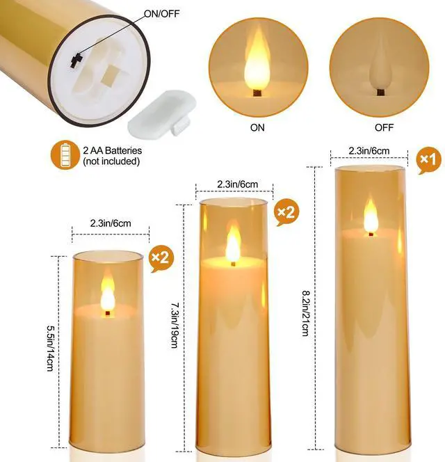 Alt view image 4 of 7 - IMAGE 5 Pcs Acrylic Shell Pillar 3D Wick LED Candles with 10-Key Remote Control Timer, Gold