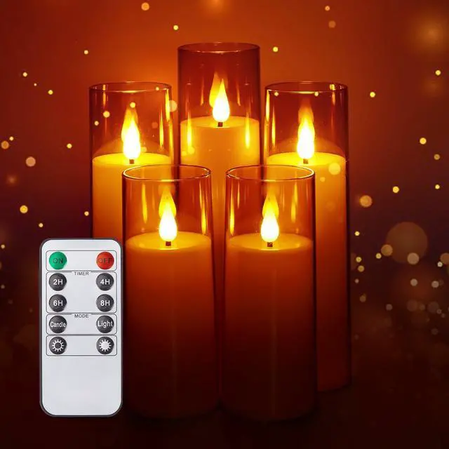 Alt view image 2 of 7 - IMAGE 5 Pcs Acrylic Shell Pillar 3D Wick LED Candles with 10-Key Remote Control Timer, Gold
