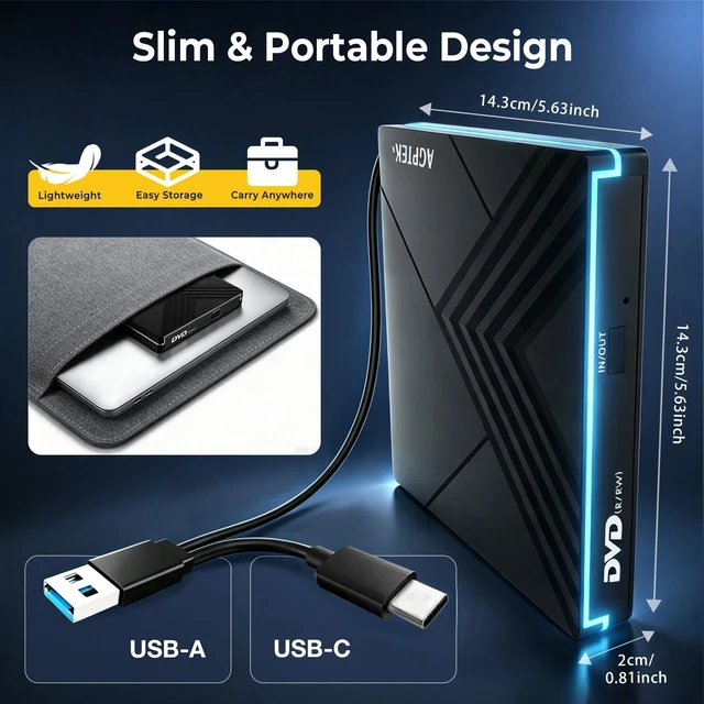 Alt view image 6 of 7 - AGPtEK External CD DVD Drive with RGB Light, USB 3.0 Type-C Portable CD DVD Burner Reader Writer, External Optical Disc Drive for Laptop Desktop PC MacBook Windows Mac OS