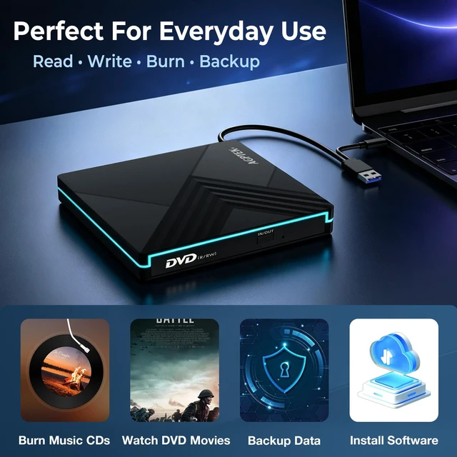 Alt view image 7 of 7 - AGPtEK External CD DVD Drive with RGB Light, USB 3.0 Type-C Portable CD DVD Burner Reader Writer, External Optical Disc Drive for Laptop Desktop PC MacBook Windows Mac OS