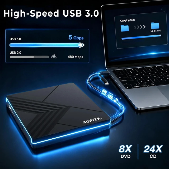 Alt view image 3 of 7 - AGPtEK External CD DVD Drive with RGB Light, USB 3.0 Type-C Portable CD DVD Burner Reader Writer, External Optical Disc Drive for Laptop Desktop PC MacBook Windows Mac OS