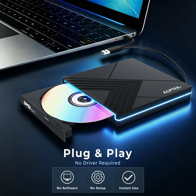 Alt view image 2 of 7 - AGPtEK External CD DVD Drive with RGB Light, USB 3.0 Type-C Portable CD DVD Burner Reader Writer, External Optical Disc Drive for Laptop Desktop PC MacBook Windows Mac OS