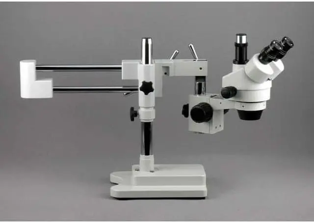 Alt view image 2 of 9 - 7X-45X Simul-Focal Stereo Zoom Microscope on Dual Arm Boom Stand