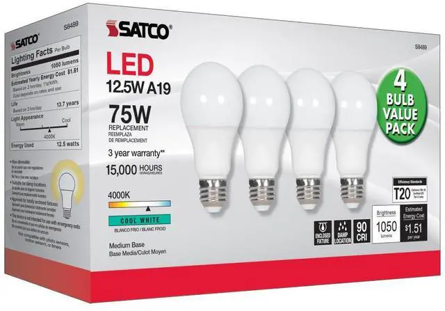 Alt view image 3 of 5 - Satco 4Pk. 12.5w A19 LED 4000K Medium base 120 volts