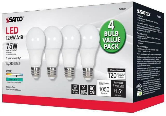 Alt view image 4 of 5 - Satco 4Pk. 12.5w A19 LED 4000K Medium base 120 volts