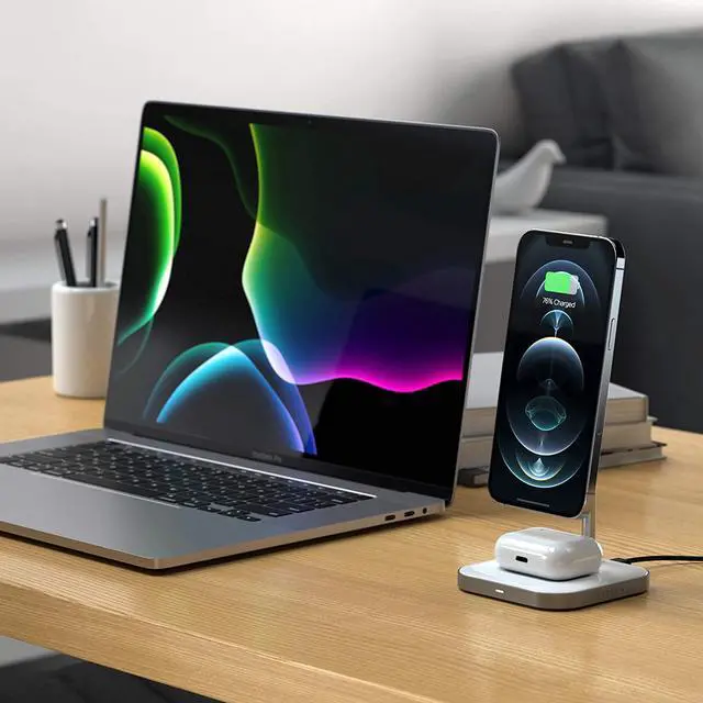 Alt view image 2 of 6 - Satechi Aluminum 2-in-1 Magnetic Wireless Charging Stand – Compatible with iPhone 12 Pro Max/12 Pro/12 Mini/12 with MagSafe, AirPods Pro
