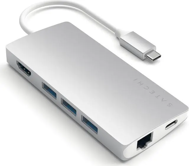 Alt view image 2 of 5 - Satechi Aluminum Multi-Port Adapter V2 - 4K HDMI (30Hz), Gbit Ethernet, USB-C Pass-Through, SD/Micro Card Readers, USB 3.0 - Compatible with 2020/2019/2018 MacBook Pro/MacBook Air/iPad Pro  (Silver)