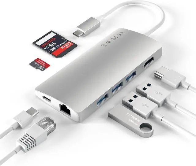 Alt view image 4 of 5 - Satechi Aluminum Multi-Port Adapter V2 - 4K HDMI (30Hz), Gbit Ethernet, USB-C Pass-Through, SD/Micro Card Readers, USB 3.0 - Compatible with 2020/2019/2018 MacBook Pro/MacBook Air/iPad Pro  (Silver)