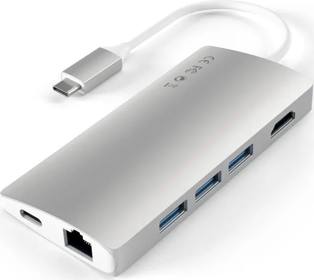 Alt view image 3 of 5 - Satechi Aluminum Multi-Port Adapter V2 - 4K HDMI (30Hz), Gbit Ethernet, USB-C Pass-Through, SD/Micro Card Readers, USB 3.0 - Compatible with 2020/2019/2018 MacBook Pro/MacBook Air/iPad Pro  (Silver)
