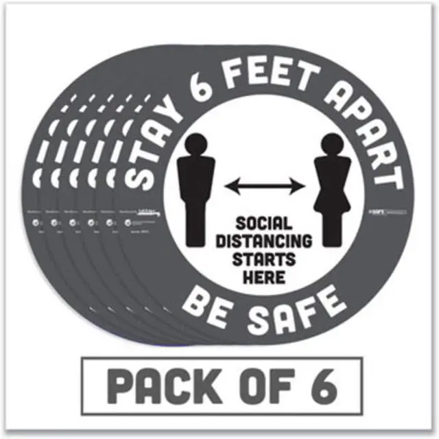 Alt view image 4 of 6 - BeSafe Carpet Decals, Stay 6 Feet Apart; Be Safe, 12" Dia, White/Gray, 6/Pack