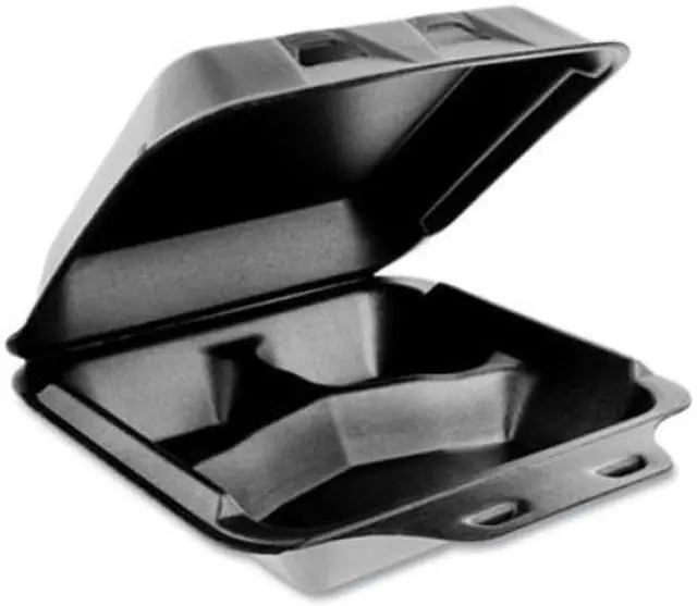 Alt view image 3 of 10 - Pactiv Foam Hinged Containers, Medium, 8 x 8.5 x 3, 3-Compartment, Black