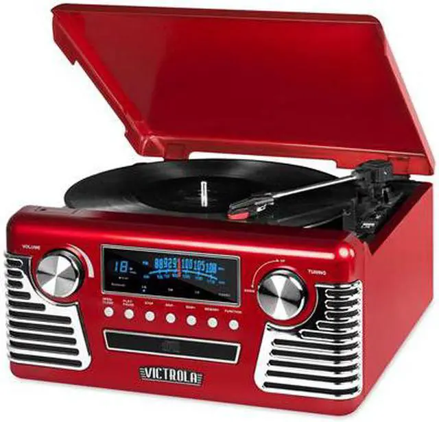 Alt view image 9 of 11 - Victrola 50's Retro 3-Speed Bluetooth Turntable with Stereo, CD Player and Speakers, Red
