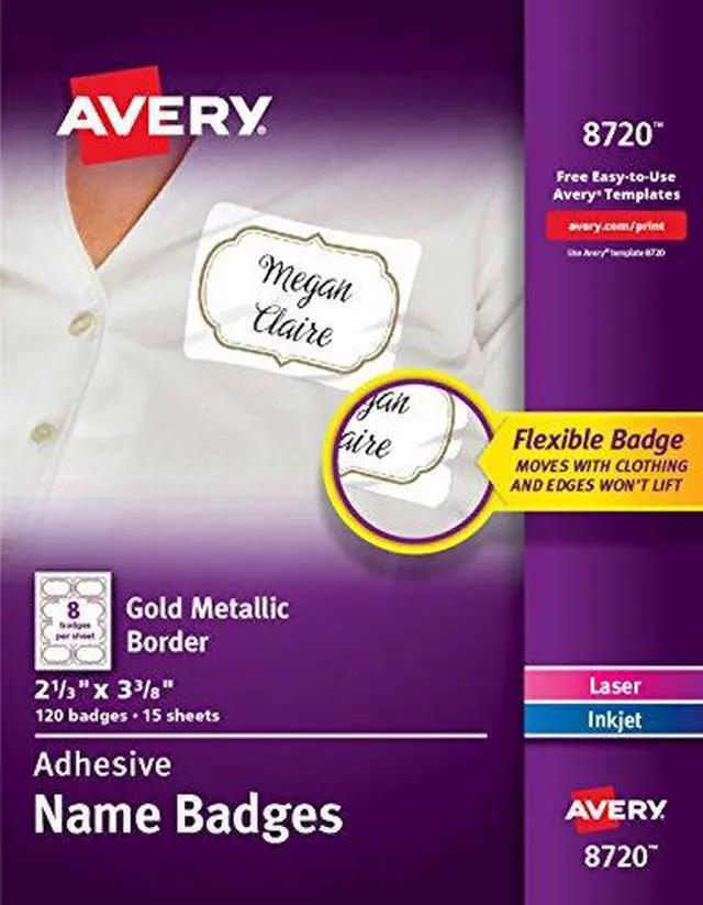 Alt view image 11 of 19 - avery selfadhesive removable name tag labels, gold metallic border, 21/3 x 33/8, 120 badges 8720, gold border