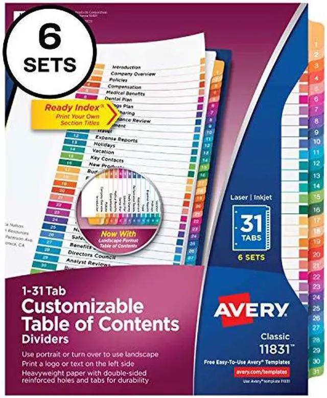 Alt view image 11 of 15 - Avery Ready Index 31 Tab Dividers, Customizable TOC, 6 Sets (11831)