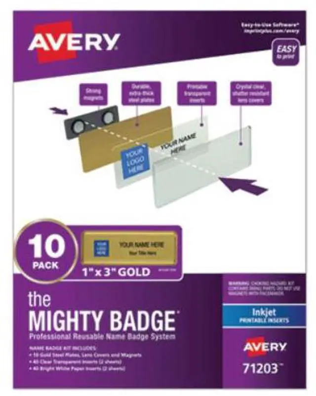 Alt view image 16 of 16 - The Mighty Badge, 1x3 Gold, 10 Reusable Name Tags 80 Inkjet Inserts