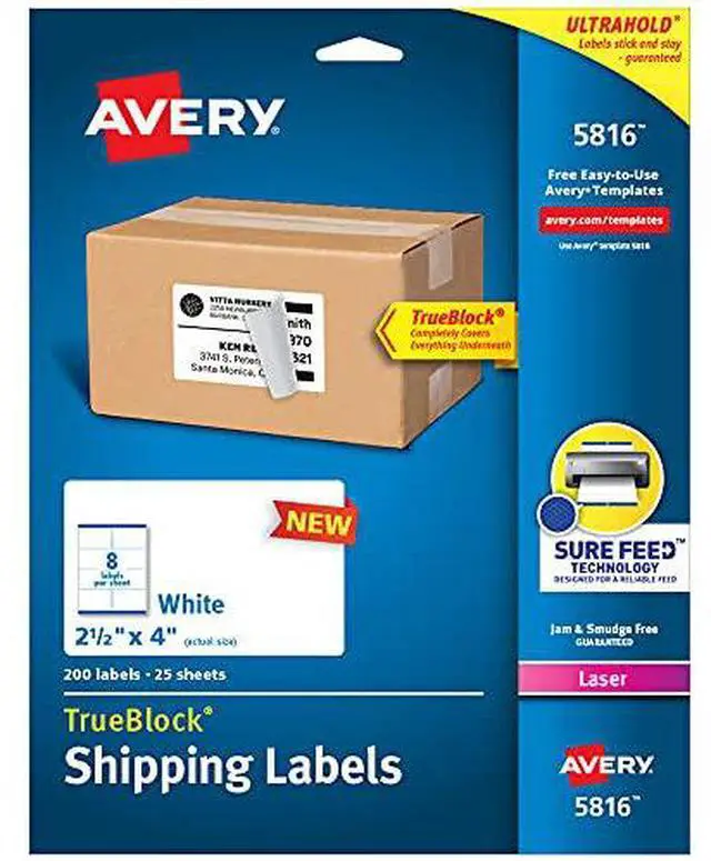 Main image of Avery Printable Blank Shipping Labels, 2.5" x 4", White, 200 Labels, Laser Printer, Permanent Adhesive (5816)