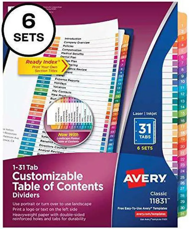 Alt view image 13 of 15 - Avery Ready Index 31 Tab Dividers, Customizable TOC, 6 Sets (11831)