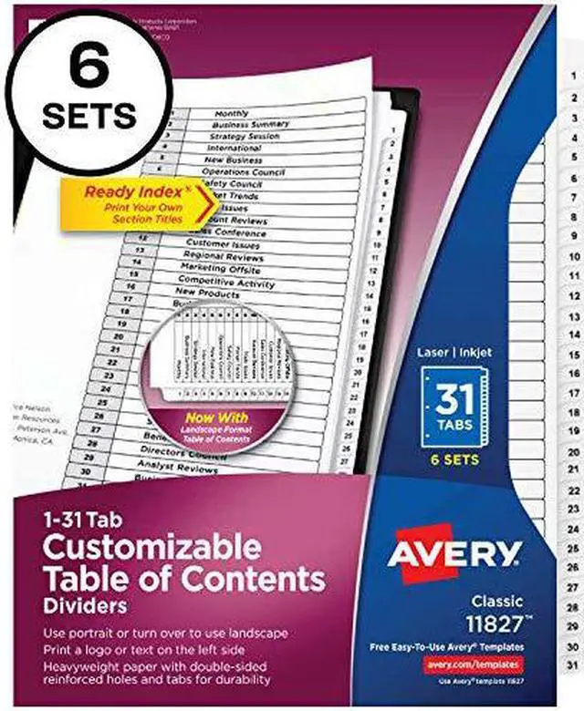 Alt view image 14 of 15 - Avery Ready Index 31 Tab Dividers, Customizable TOC, 6 Sets (11827)