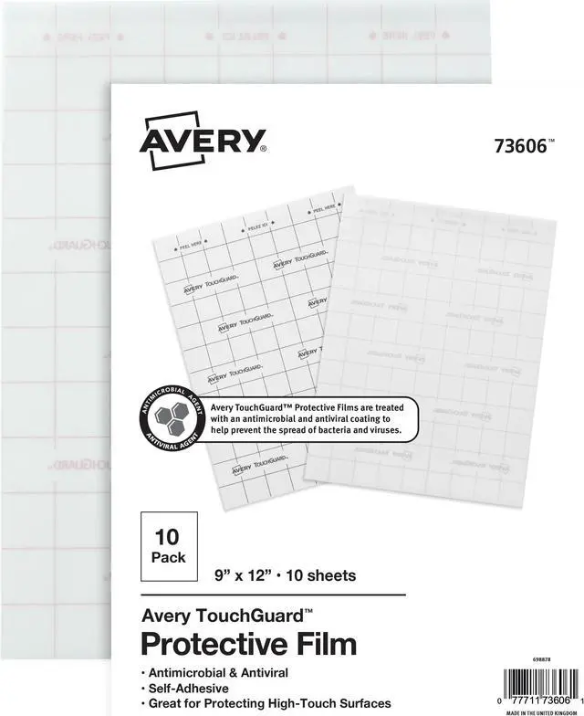 Alt view image 5 of 8 - Avery TouchGuard Protective Film, Antimicrobial and Antiviral Protection, 9" x 12", 10 Sheets (73606)