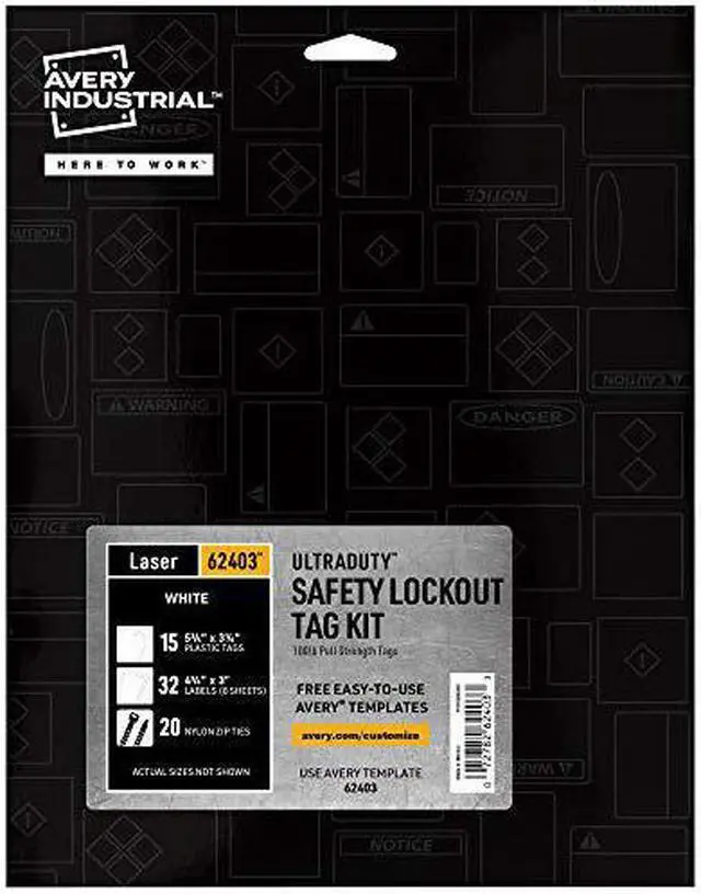 Main image of UltraDuty Lock Out Tags Kit, 100lb Pull-Strength, Print & Assemble, Makes 15 Tags, Blank White 5.75" x 3.25" (64203)