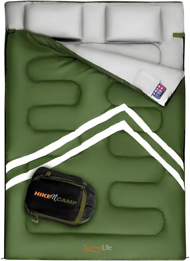 Alt view image 8 of 8 - SereneLife 85 x 57.1 Inch Waterproof Double Sleeping Bag with 2 Pillows, Green