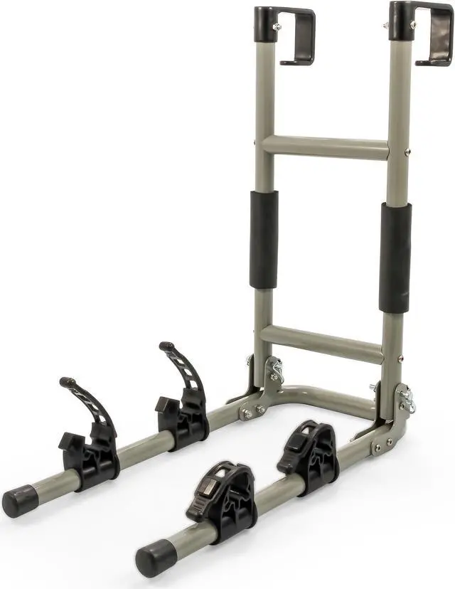 Alt view image 6 of 8 - camco rv ladder mount bike rack  easily installs on standard rv ladders, holds two bikes at once, folds for convenient storage 51492
