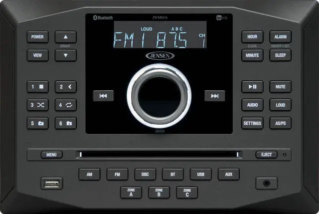 Alt view image 4 of 5 - jensen jwm60a am|fm|dvd|cd|usb|aux|app ready bluetooth wallmount stereo with app control, plays: cd, cdr, cdrw, dvd, dvd+rw, dvdrw, mp3, dvdvideo, mpeg4, vcd, jpeg, cdda, mp3, wma, dolby