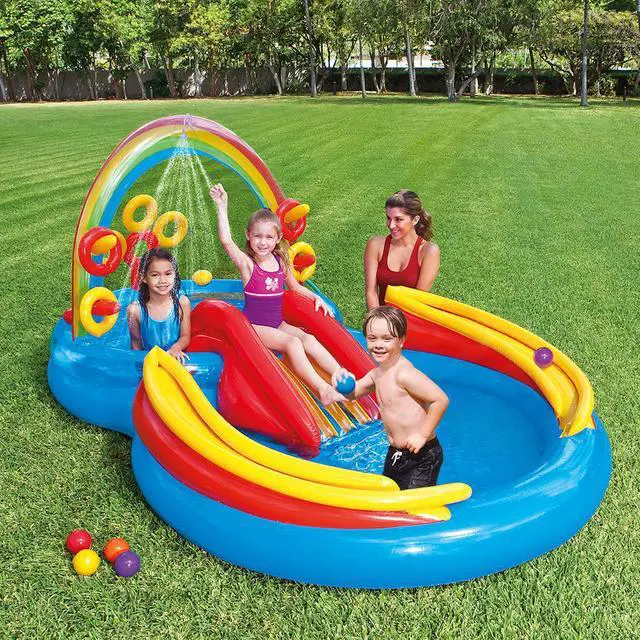 Alt view image 7 of 20 - Intex 9.75 x 6.3 Foot Rainbow Slide Inflatable Pool and Water Slide Ring Center