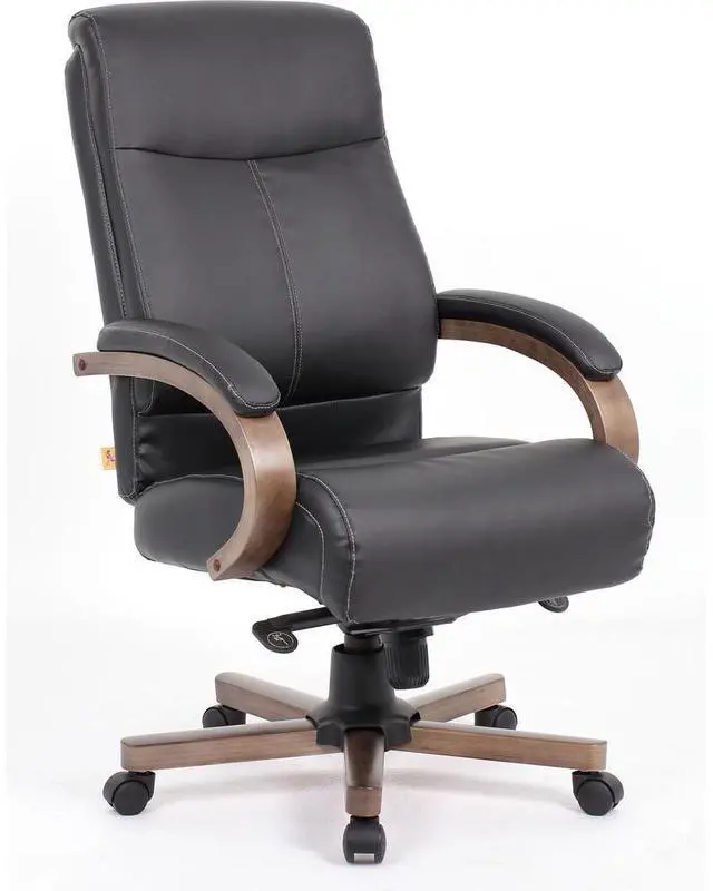 Alt view image 3 of 4 - Lorell 69590 Wood Base Leather High-back Executive Chair - Black Leather Seat - Black Leather Back
