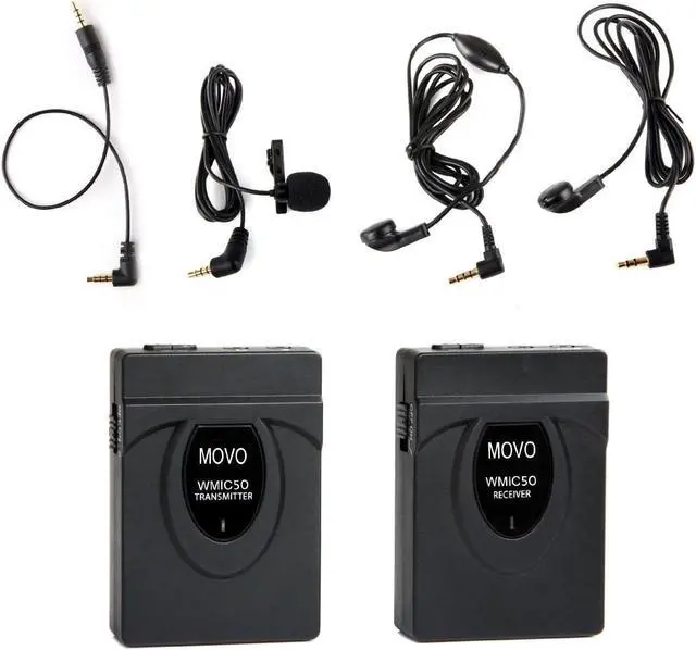 Alt view image 2 of 2 - Movo WMIC50 2.4GHz Wireless Lavalier Microphone System with Integrated 164-foot Range Antenna (Includes Transmitter with Belt Clip, Receiver with Camera Shoe, Lavalier & 2 Earphones)