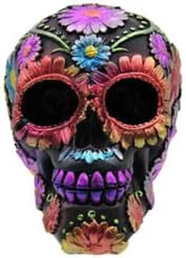 Alt view image 4 of 8 - Resin Sugar Skull Black Day of the Dead Skull 1 P754754D - Flower Halloween Decoration Gothic DOD Skeleton Head Dia de los Muertos - Floral Black