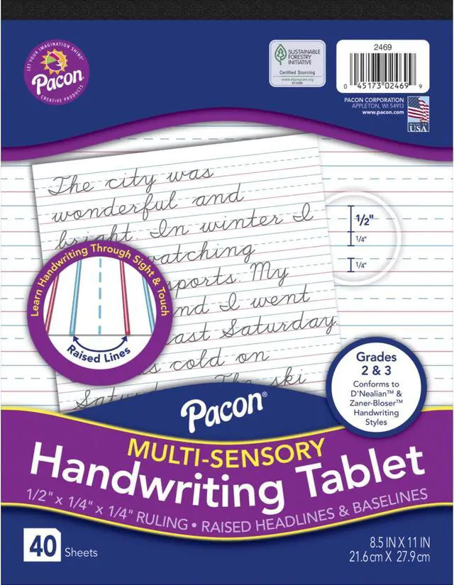Alt view image 2 of 2 - Pacon Multi-Sensory Raised, Tape-Bound Tablet, 1/2" x 1/4" Ruled Short, 8-1/2" x 11", 40 Sheets, White