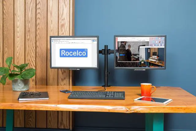 Alt view image 4 of 5 - rocelco premium desk computer monitor mount - vesa pattern fits 13" - 27" led lcd dual flat screen - double articulated full mo