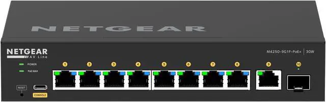 Main image of NETGEAR 8x1G PoE+ 110W 1x1G and 1xSFP Managed Switch | AV Line M4250-9G1F-PoE+, GSM4210PD