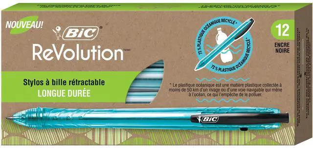 Alt view image 8 of 12 - BIC ReVolution Ocean Bound Ballpoint Pen Retractable 1 mm Black 12Pk BPRR11BK
