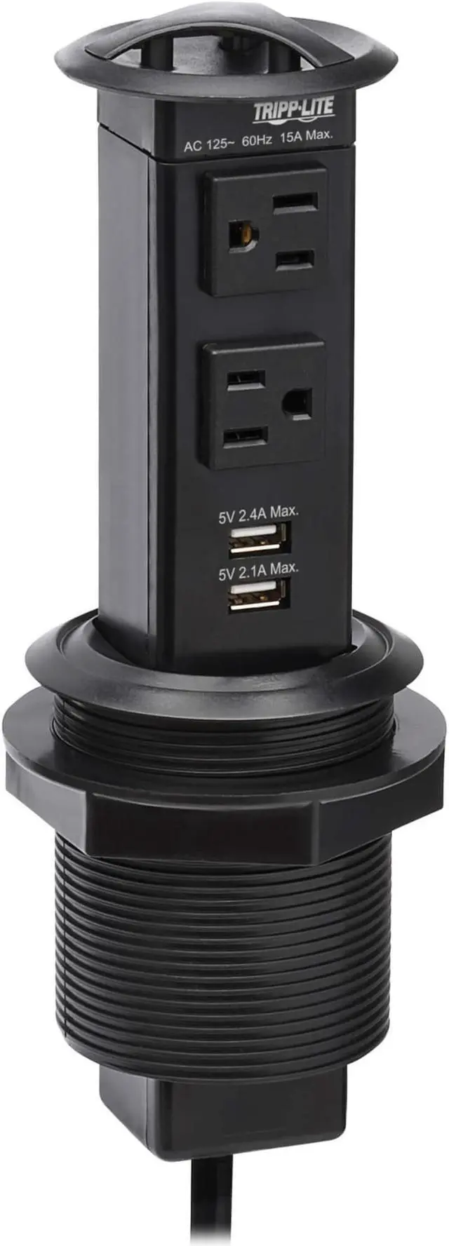 Alt view image 2 of 17 - Tripp Lite Power It! 2-Outlet Pop-Up Power and Charging Dock - 2x USB-A, 6 ft. Cord, Antimicrobial Protection, Black - NEMA 5-15P - 2 x NEMA 5-15R, 2 x USB Type A - 120 V AC Voltage - Desk Mountable -