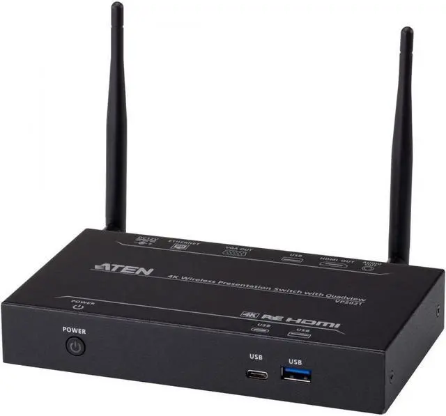 Main image of ATEN VP2021 4K Wireless Presentation Switch with Quad View - 3840 ? 2160 - 4K, Full HD - 2160p4 x 2 - Speaker, Computer, Notebook, Whiteboard, Display, Projector - 1 x HDMI Out - 1 x VGA Out