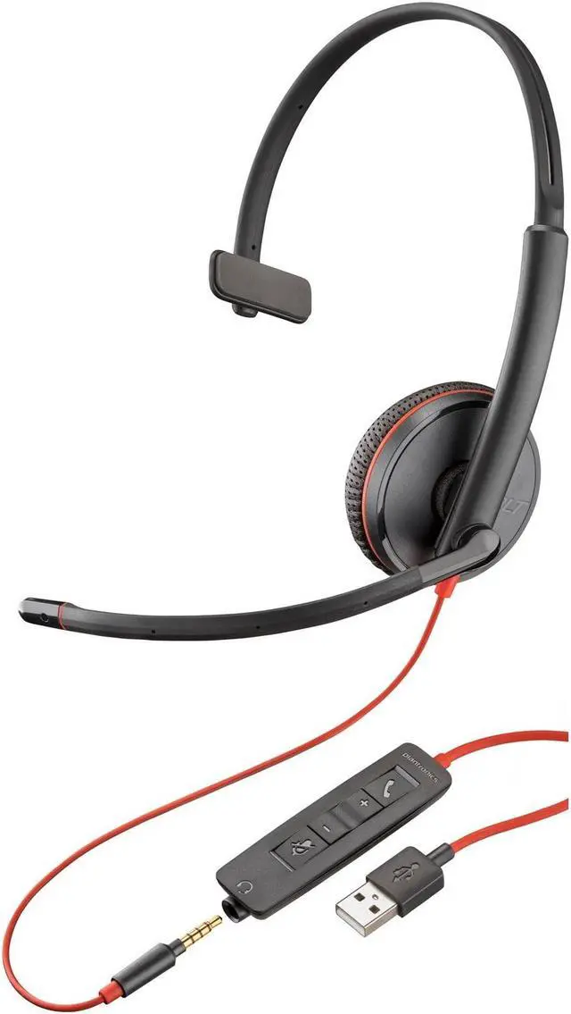 Alt view image 2 of 4 - Poly Blackwire C3215 Headset - Mono - Mini-phone (3.5mm), USB Type A - Wired - 32 Ohm - 20 Hz - 20 kHz - Over-the-head, Over-the-ear - Monaural - Supra-aural - 7.40 ft Cable - Noise Cancelling Microph