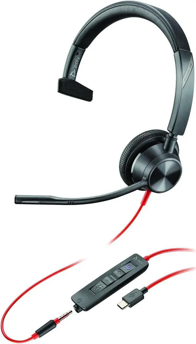 Alt view image 2 of 3 - Poly Blackwire BW3315-M Headset - Mono - Mini-phone (3.5mm), USB Type C - Wired - 32 Ohm - 20 Hz - 20 kHz - Over-the-head, Over-the-ear - Monaural - Supra-aural - 7.40 ft Cable - Noise Cancelling Micr