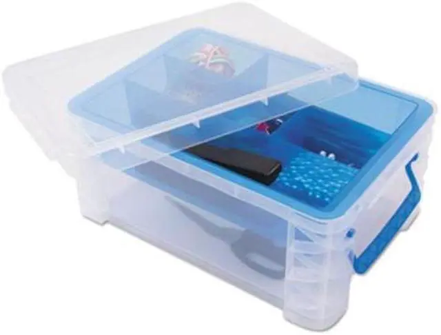Alt view image 14 of 14 - Advantus 37371 Super Stacker Divided Storage Box, Clear W/Blue Tray/Handles, 10.3 X 14.25X 6.5
