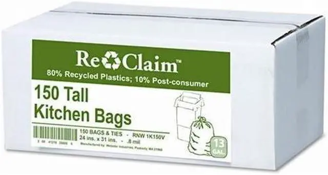 Alt view image 12 of 12 - Earthsense RNW1K150V Recycled Tall Kitchen Bags, 13-16Gal, .8Mil, 24 X 33, White, 150 Bags/Box