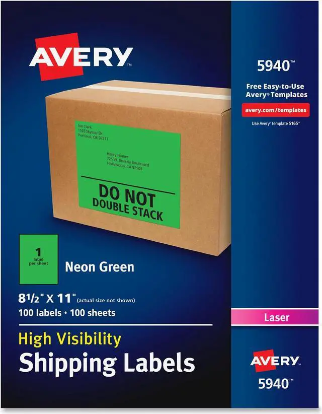 Alt view image 4 of 4 - Avery Neon Shipping Label Laser 8 1/2 x 11 Neon Green 100/Box 5940