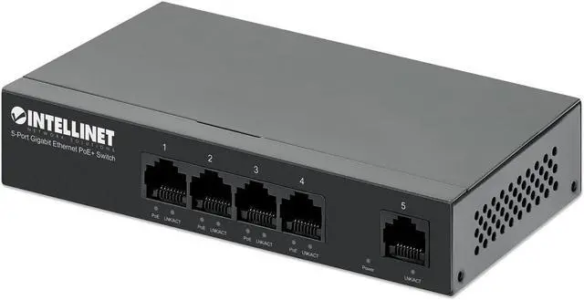 Alt view image 10 of 10 - Intellinet 5-Port Gigabit Ethernet PoE+ Switch, Four PSE PoE+ Gigabit Ports, One Gigabit Port, PoE Power Budget of 40 W, IEEE 802.3at/af Compliant, Desktop, Wall-mount Option