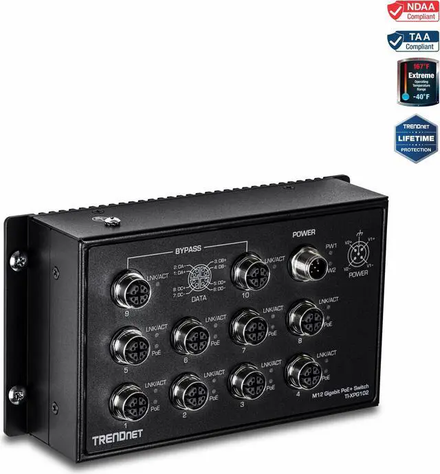 Alt view image 6 of 6 - TRENDnet 10-Port Industrial EN 50155 M12 Gigabit PoE+ Railway Switch, TI-XPG102, IP40 Rated for Harsh Environments, NDAA + TAA Compliant, Black