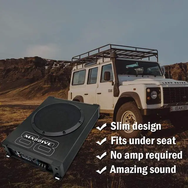 Alt view image 2 of 2 - powered subwoofer by massive audio | boom88 car subwoofers under seat slim hideaway | low profile compact underseat woofer with amazing sound | built in amplifier, 8 inch 400 watt, gain remote include