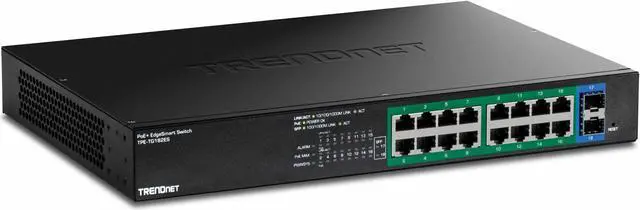 Alt view image 7 of 13 - TRENDnet 18-Port Gigabit EdgeSmart PoE+ Switch, TPE TG182ES, 240W PoE Power Budget, 16 x Gigabit PoE+ Ports, 2 x Gigabit SFP Ports, Managed Network Ethernet Switch, Lifetime Protection, Black
