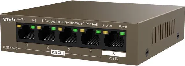 Alt view image 5 of 5 - Tenda TEG1105PD 5-Port Gigabit PD Switch With 4-Port PoE - 5 Ports - Gigabit Ethernet - 10/100/1000Base-T - 2 Layer Supported - 30 W PoE Budget - Twisted Pair - PoE Ports - Desktop, Wall Mountable, Ra