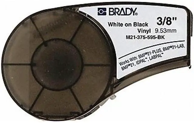 Alt view image 4 of 4 - brady m21375595bk cartridge, b595 vinyl indoor/outdoor material, 0.375" w x 21' l, white on black