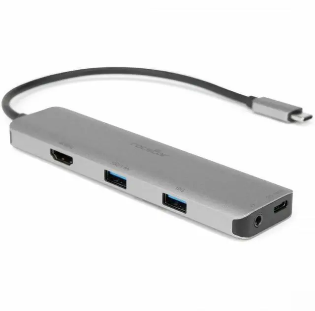 Alt view image 8 of 9 - Rocstor 3.5mm/HDMI/USB/USB-C Audio/Video Adapter - 1 x USB Type C - Male - 1 x HDMI Digital Audio/Video - Female, 2 x USB Type A - Female, 1 x Mini-phone Audio - Female, 1 x USB Type C - Female - Silv