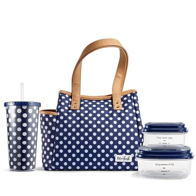Alt view image 2 of 2 - Fit + Fresh Westerly Insulated Lunch Bag, Cooler bag, Lunch Bag for Women with 2 Food Containers & Matching Tumbler, Reusable Lunch Box, Perfect for Work, School, Beach & More, Navy & White Dot